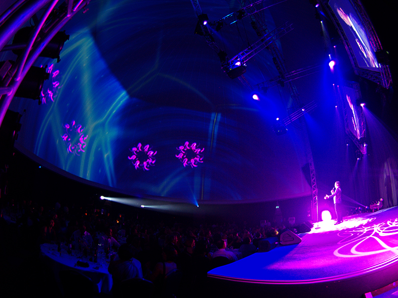 LM Production Stratosphere 360 Projection dome projection stage event venue hosting host 1200 people live special effects branding projected large scale LED wall black out dome