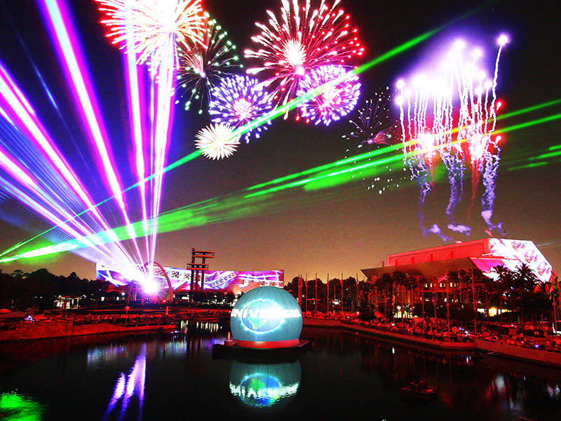 LM Productions Laser Magic Universal Studios theme park Florida USA 360 degree show floating platforms spectacular 60 piece orchestra popular movies content sophisticated high definition projection technology pyrotechnical details 